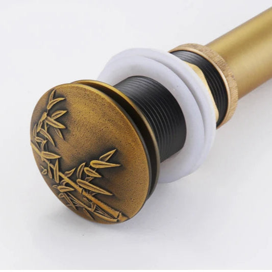 Round Carved Brass Pop-Up Drain for Vanity Sink with Overflow