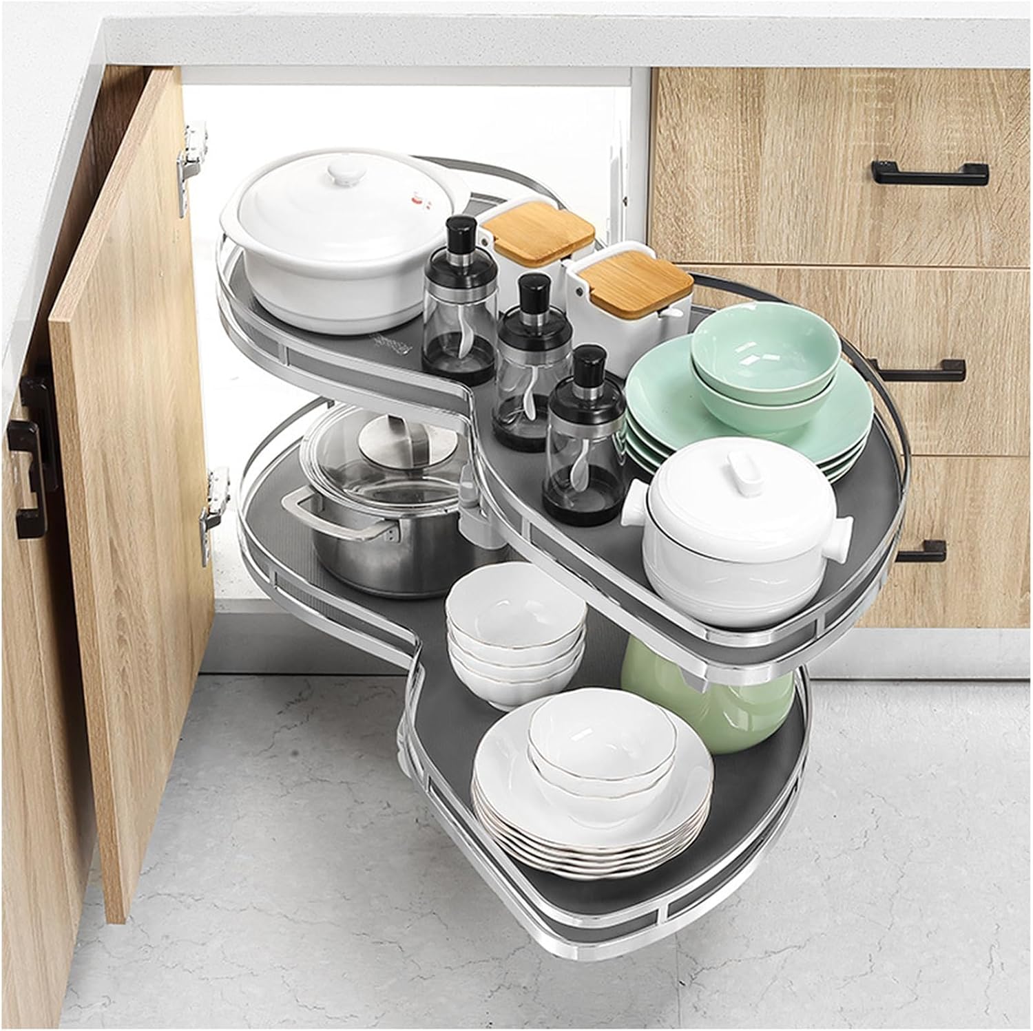 2 Tier Corner Pull Out Tray Storage Organize Cabinet