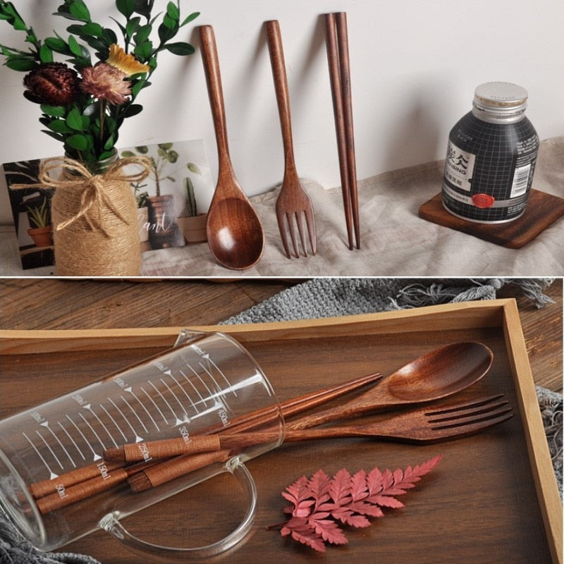 Natural Wood Spoon Chopsticks And Fork Set