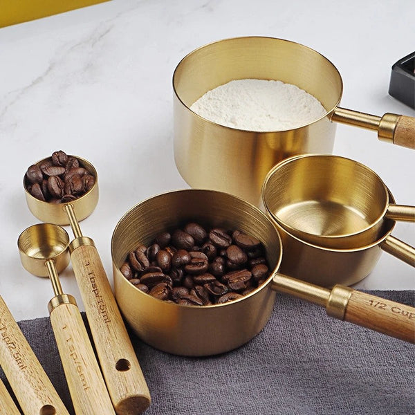 Stainless Steel Measuring Cups and Spoons with Wooden Handle