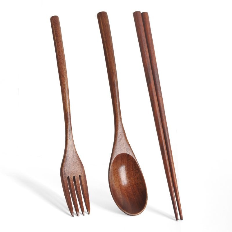 Natural Wood Spoon Chopsticks And Fork Set