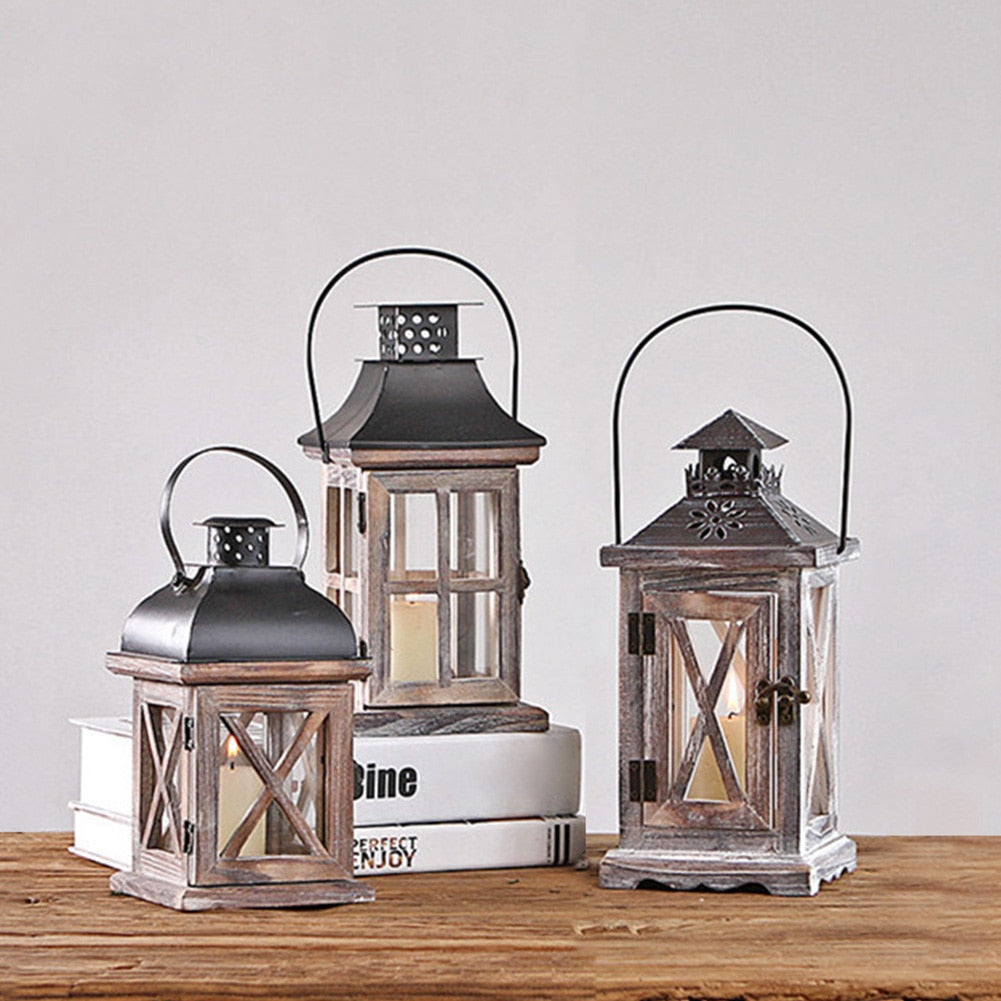 Vintage Hanging Wood Metal Candle Holder Lantern