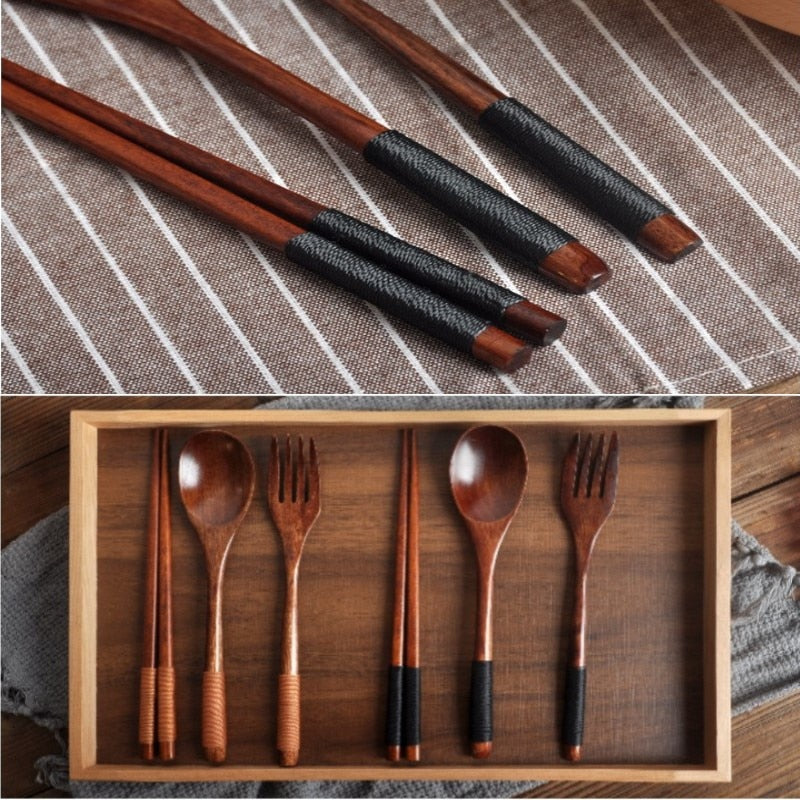 Natural Wood Spoon Chopsticks And Fork Set