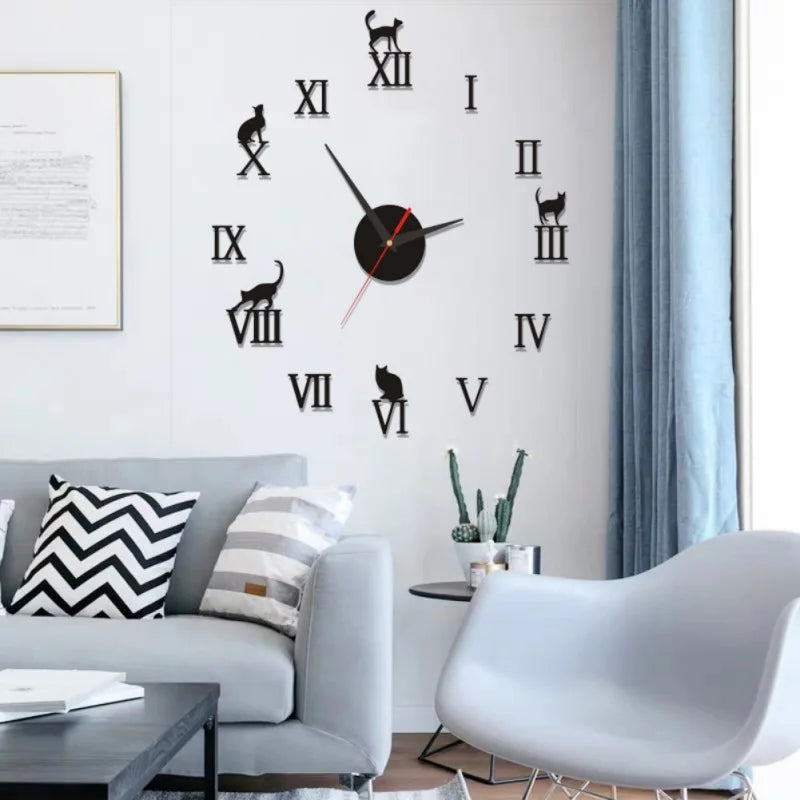 DIY Roman Numbers Modern Frameless Cat Wall Clocks