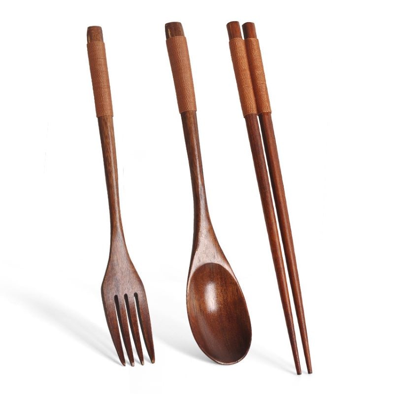 Natural Wood Spoon Chopsticks And Fork Set