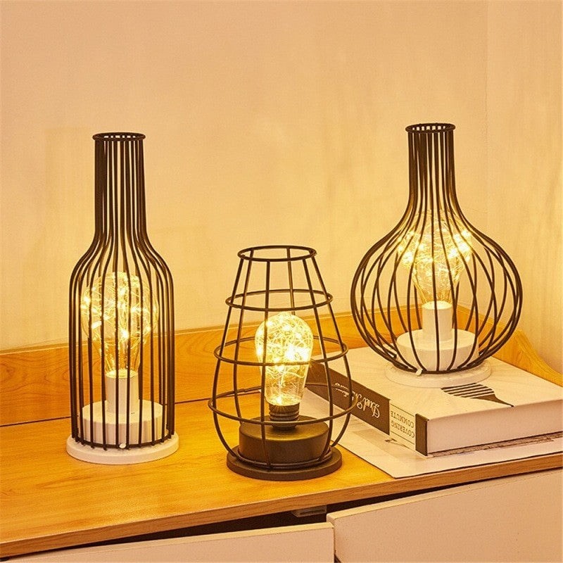 Creative Hollow Out Wine Bottle Led Lamp Drinking Glass Light Wrought Iron Night Light Lantern Red Wine Bottle Lamp Decor Light
