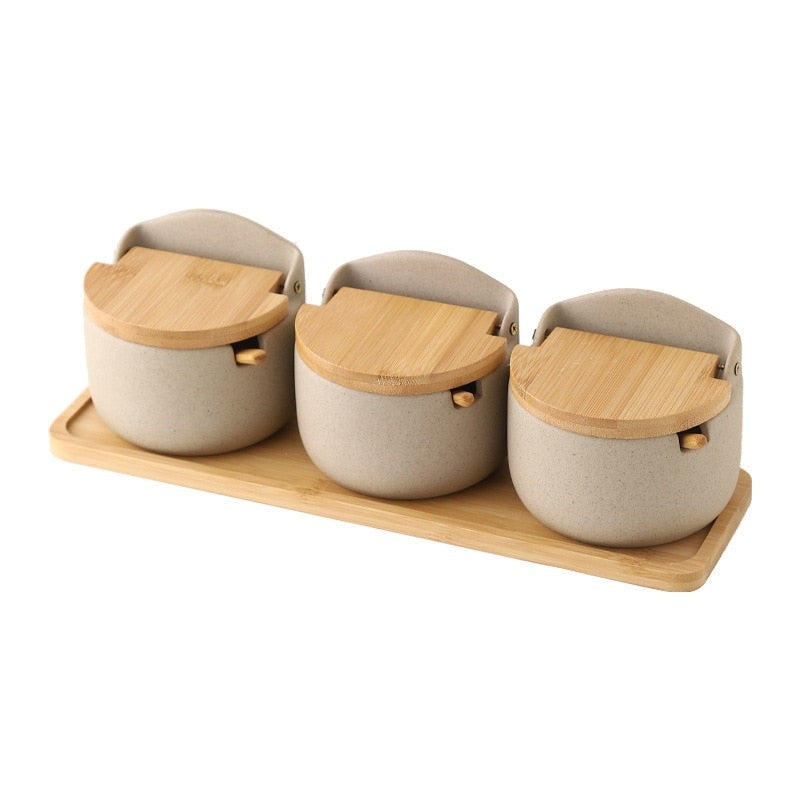 Spices Ceramic And Wooden Organizer Jars