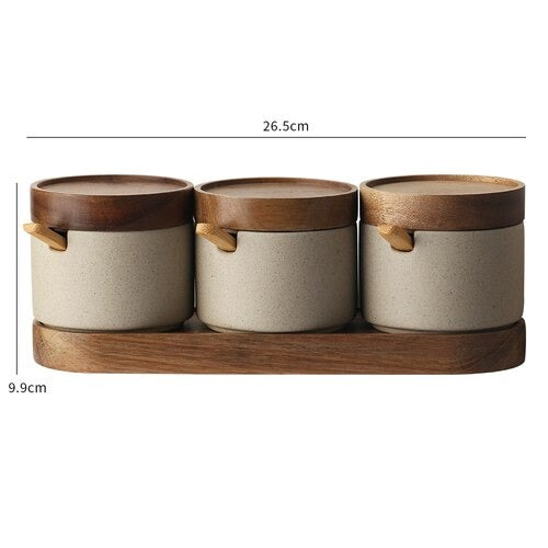 Spices Ceramic And Wooden Organizer Jars