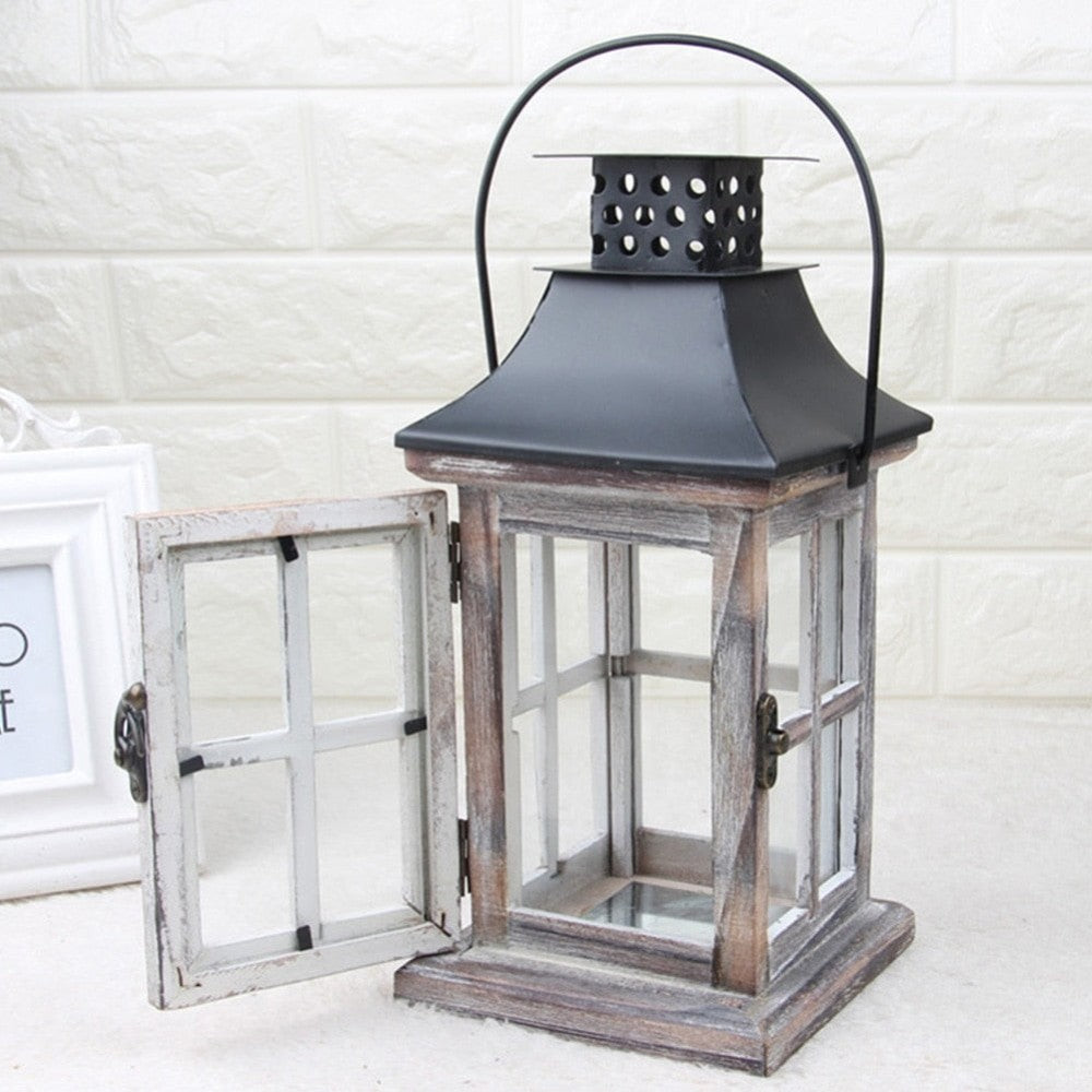 Vintage Hanging Wood Metal Candle Holder Lantern