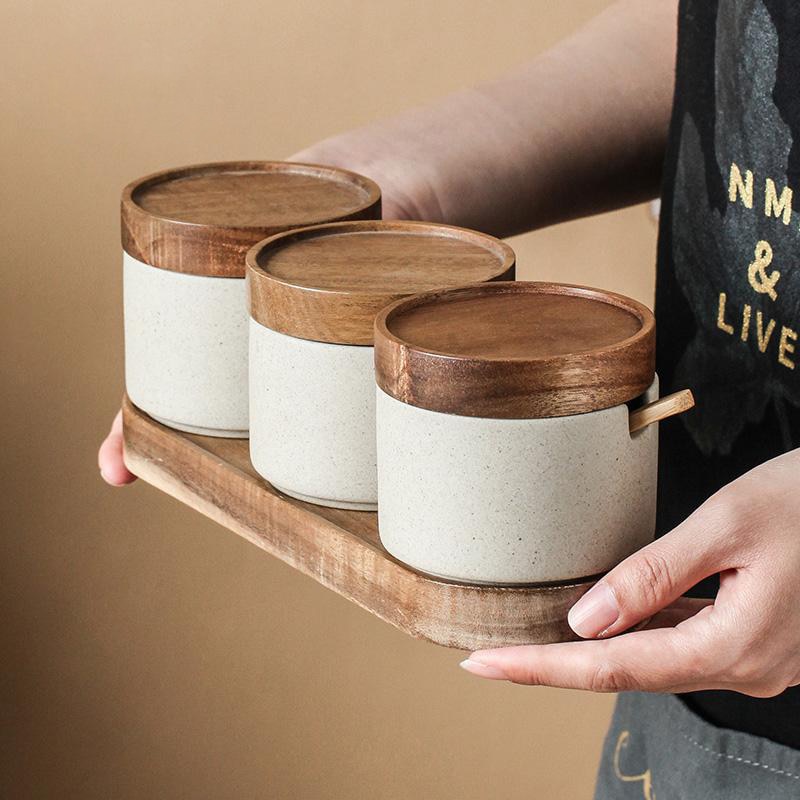 Spices Ceramic And Wooden Organizer Jars