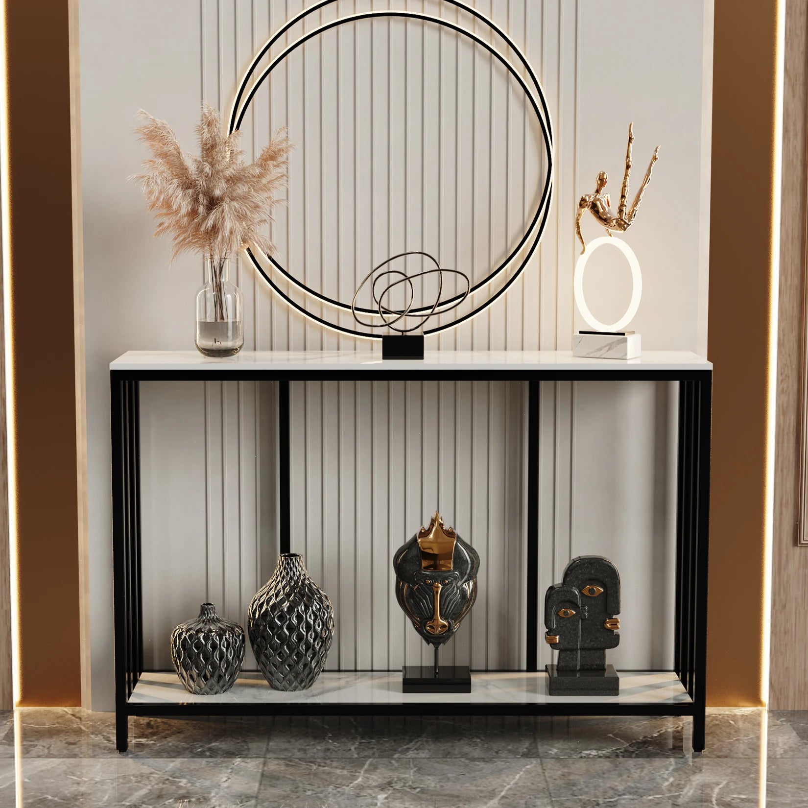 2 Tier Marble Entryway Console Open Shelf Table