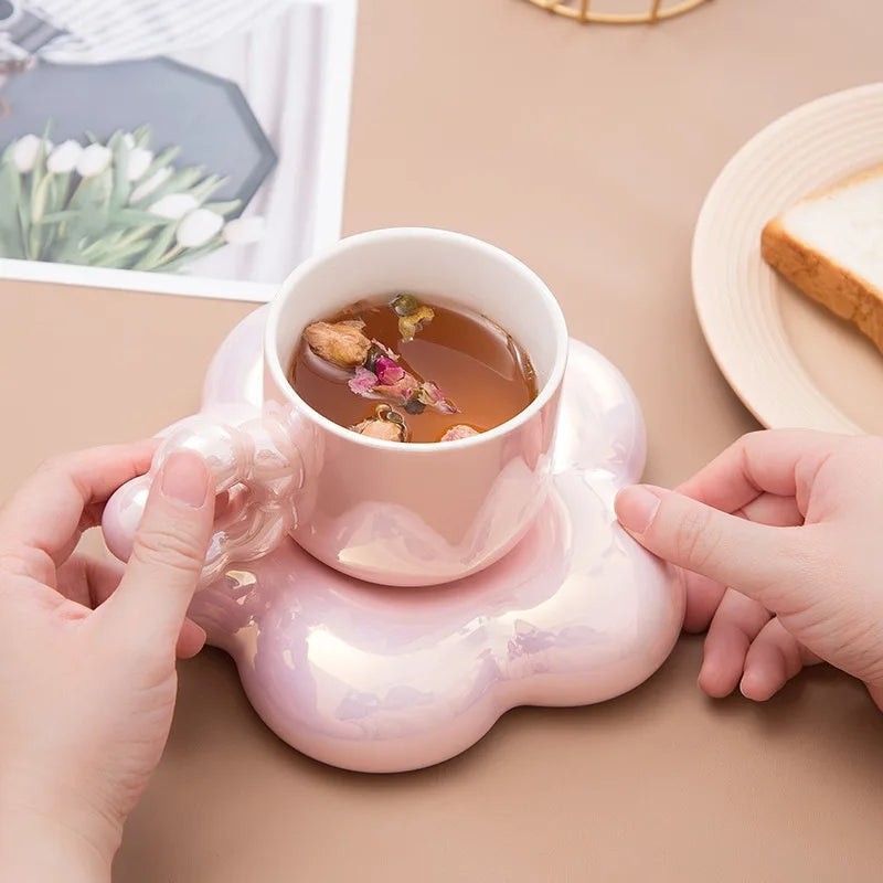 Cherry Blossom Shaped Ceramic Coffee Cup and Saucer Set