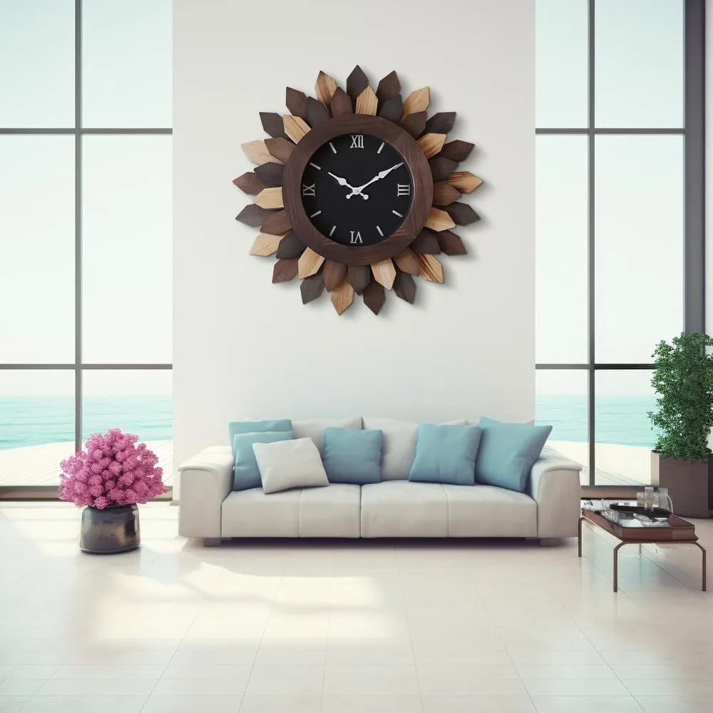 Circular Flower Sun Battery Powered Farmhouse Wood Wall Clock