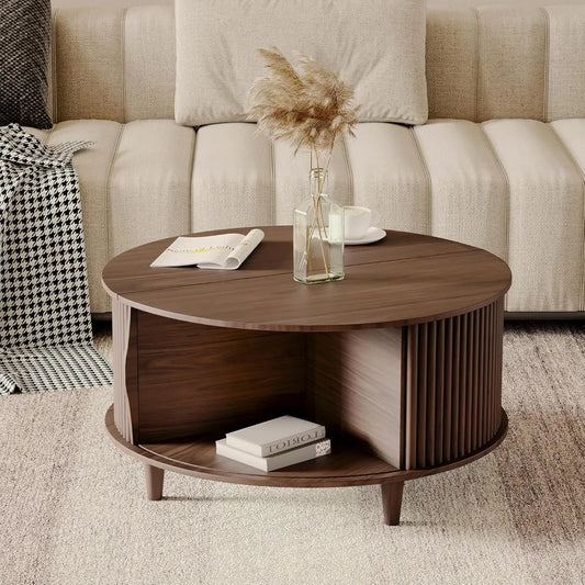Wood Round Storage Modern Sliding Cabinet Coffee Table
