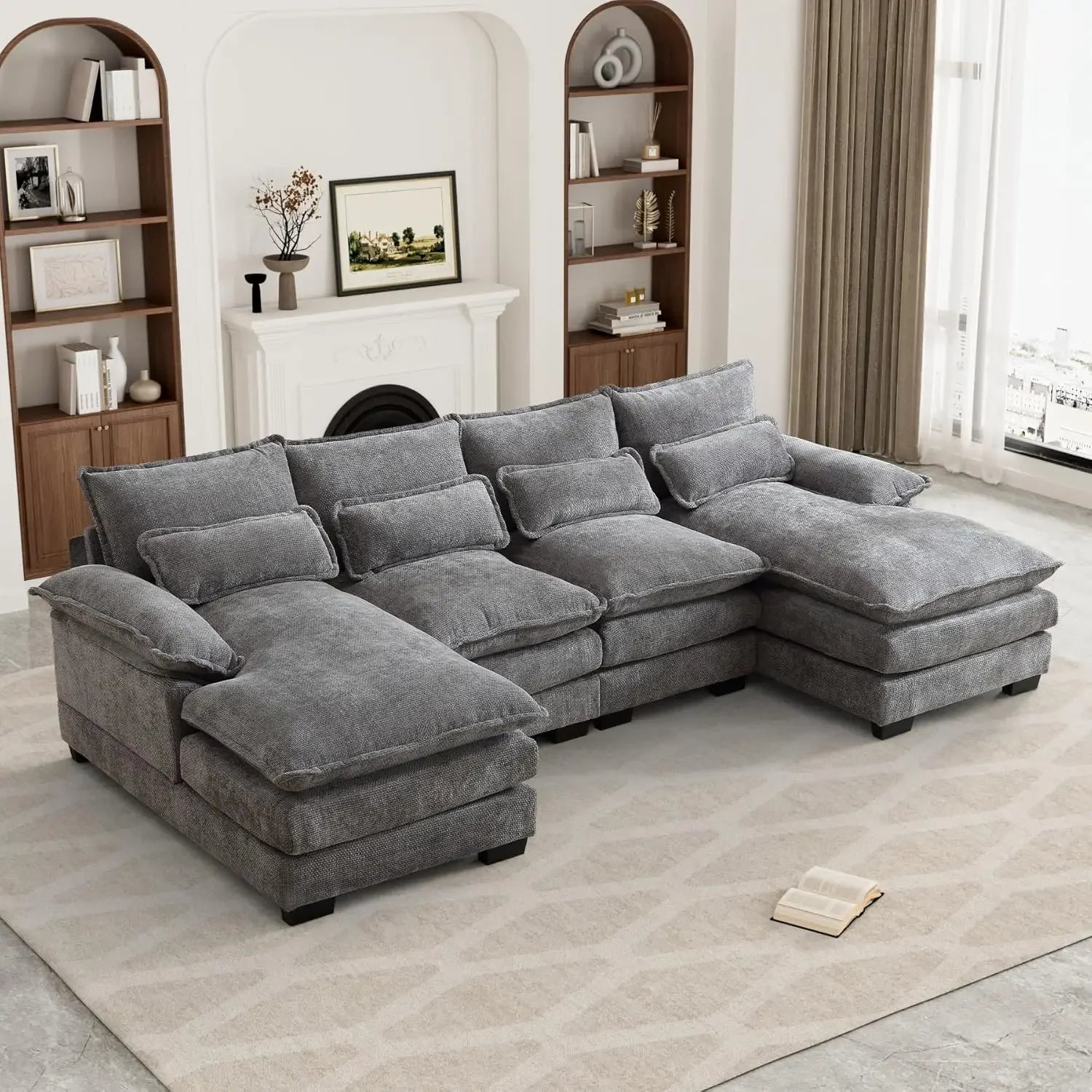 Chenille U Shape Modular Double Chaise Sectional Sofa