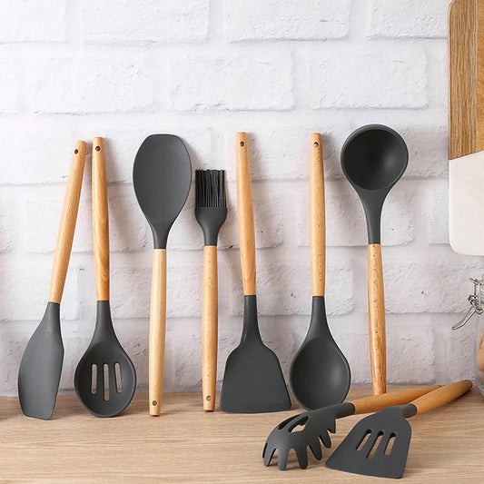 Silicone Wooden Kitchen Utensils Soup Spoon Spatula Oil Brush