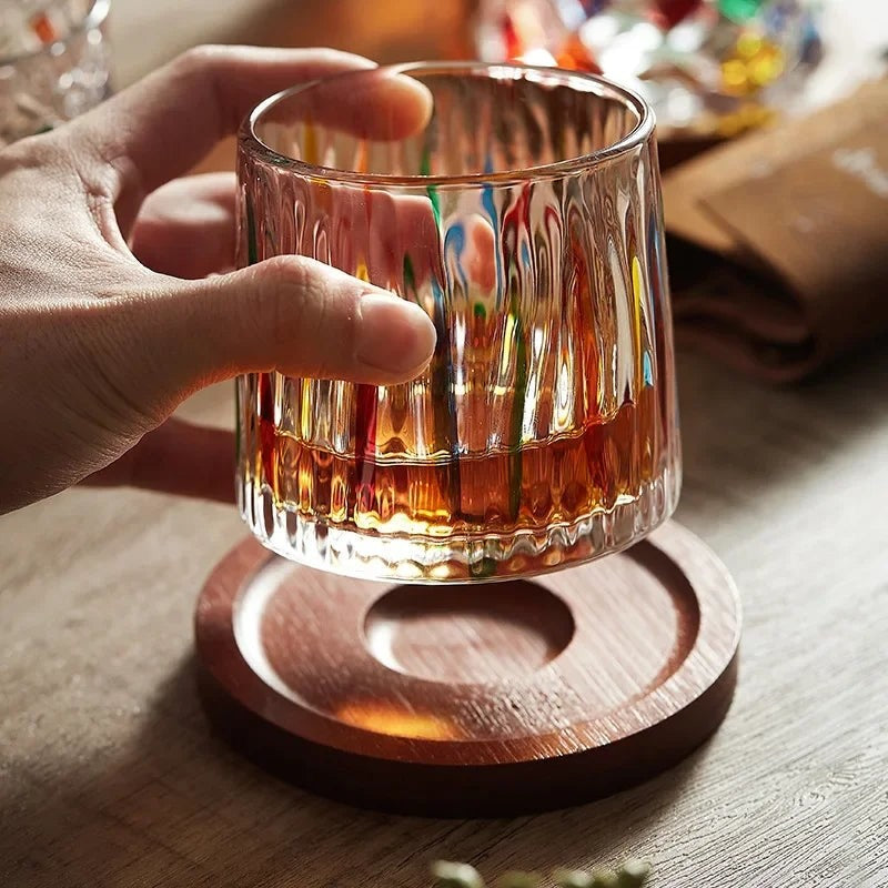 Crystal Whiskey Glass Creative Rotating Wooden Cupholder