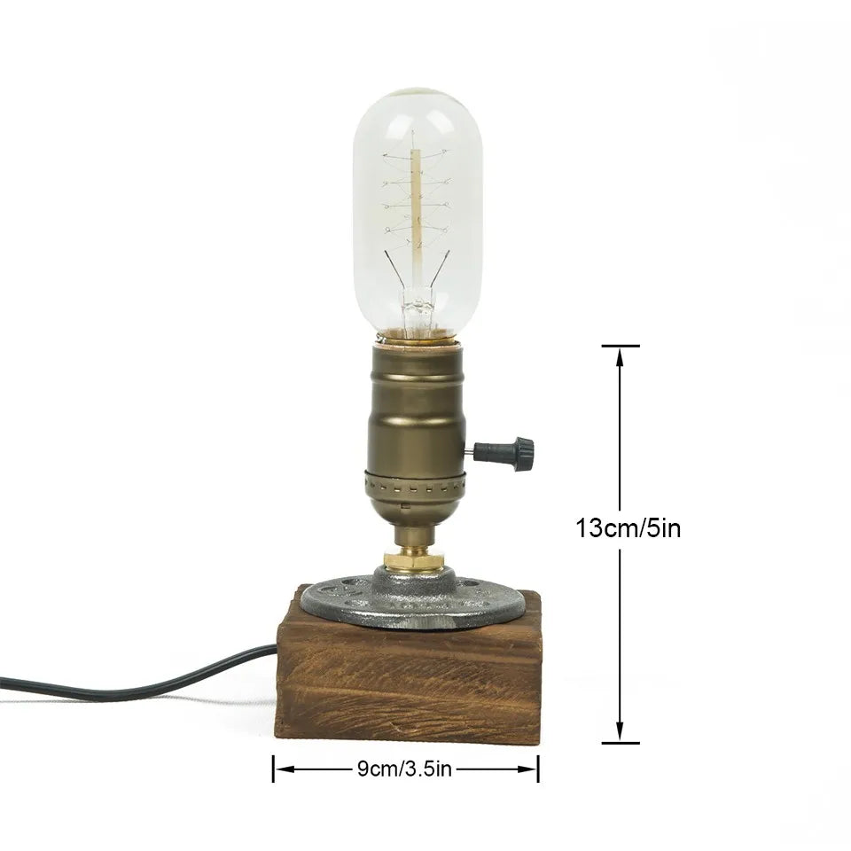 Industrial LED With Switch Wood Base Desk Lamp