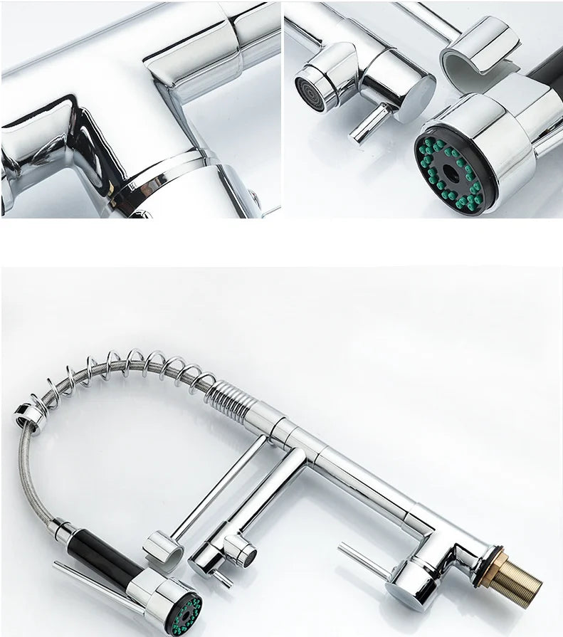 Dual Spout Handles Pull Down Deck Mounted Kitchen Sink Faucet