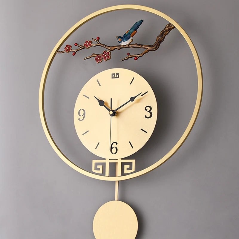 Wall Clock with Pendulum Golden Metal Bird Decoration