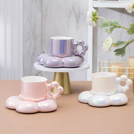 Cherry Blossom Shaped Ceramic Coffee Cup and Saucer Set