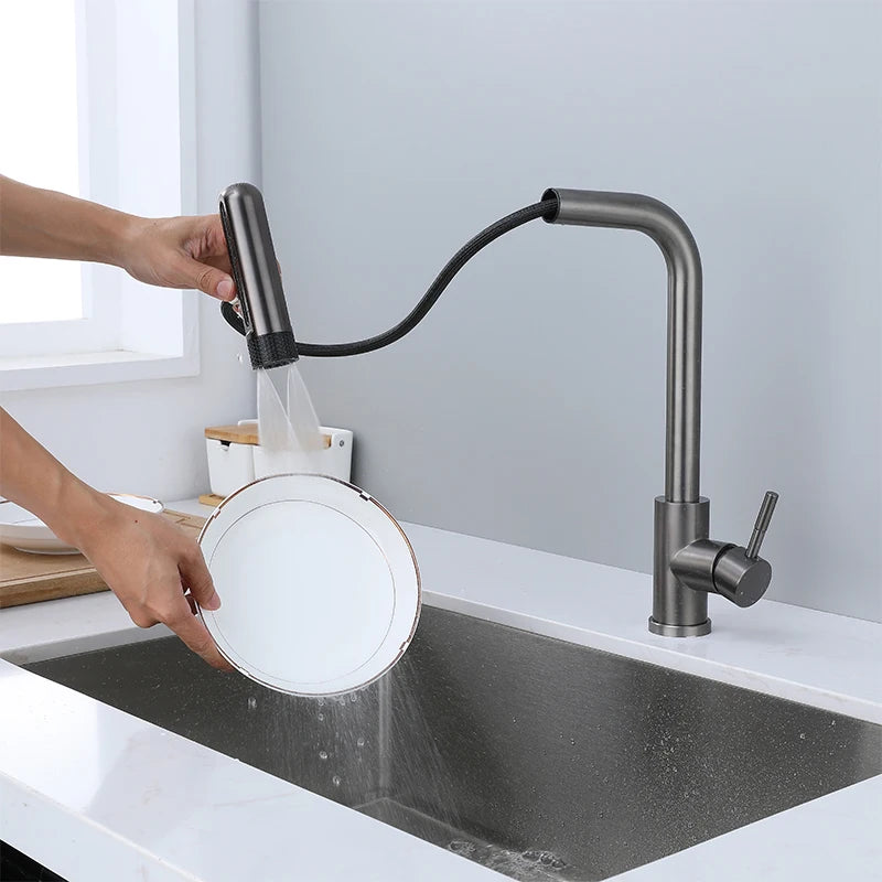 Retractable Pull Out Rotation Stream Sprayer Head Sink Faucet