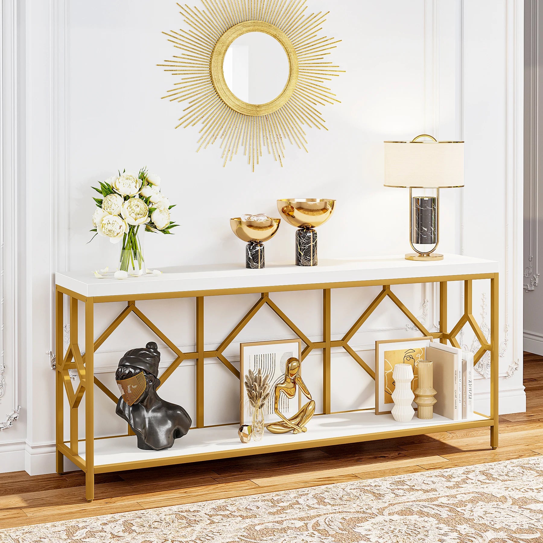 2 Tier Console Storage Open Shelves Behind Couch Table
