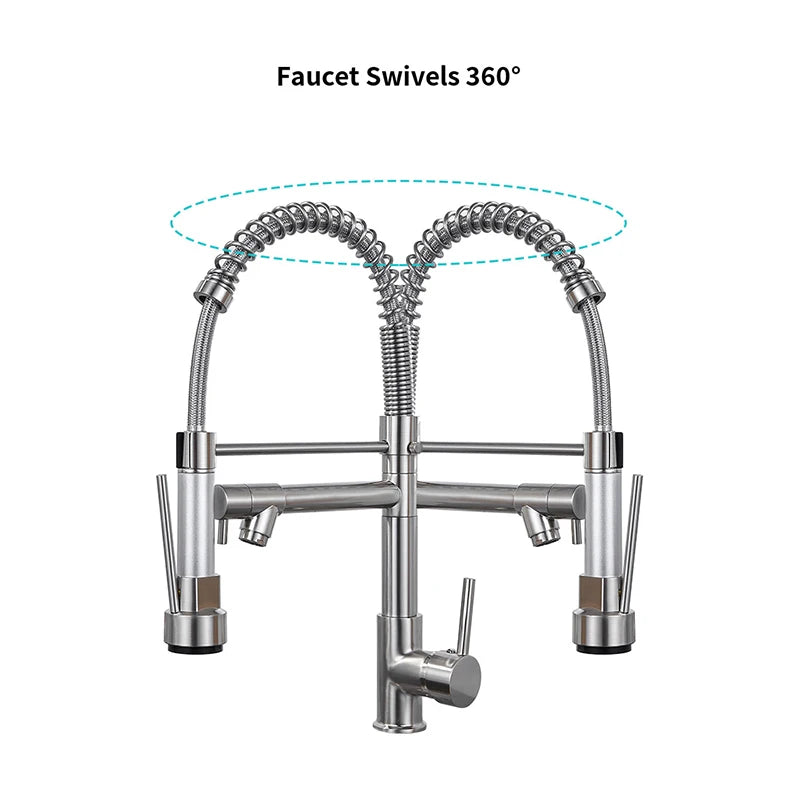 Dual Spout Handles Pull Down Deck Mounted Kitchen Sink Faucet