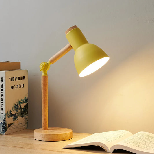 Wooden LED Turn Head Bedside Desk Reading Study Lamp