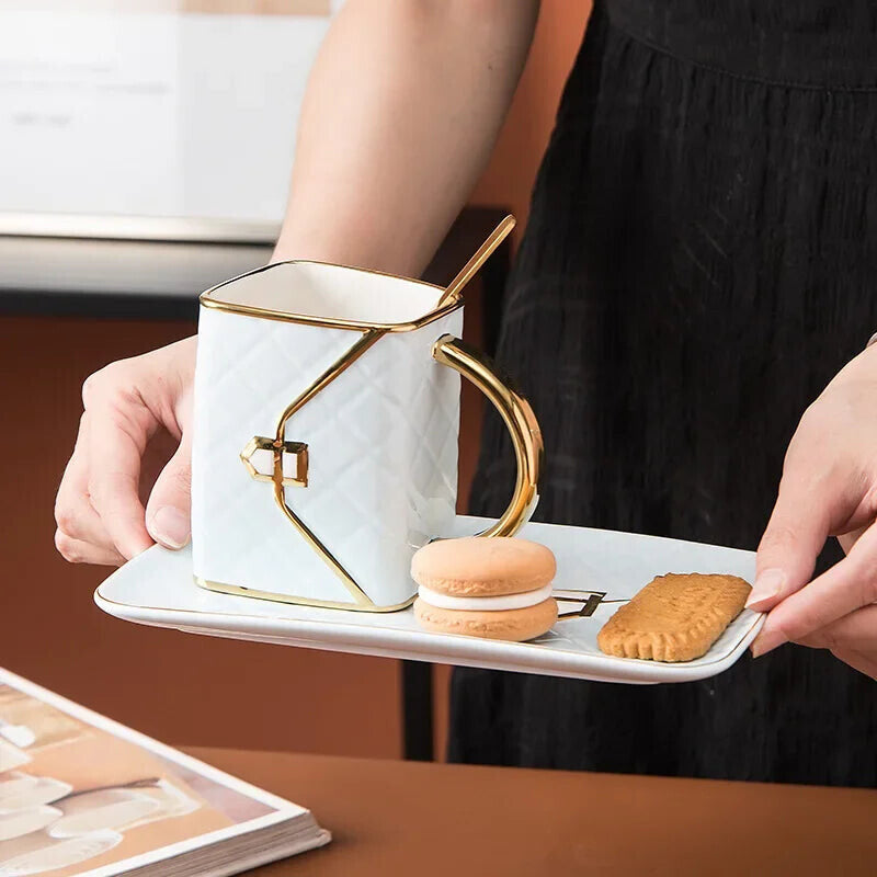 Creative Bag Shaped Ceramic Cup Set with Saucer