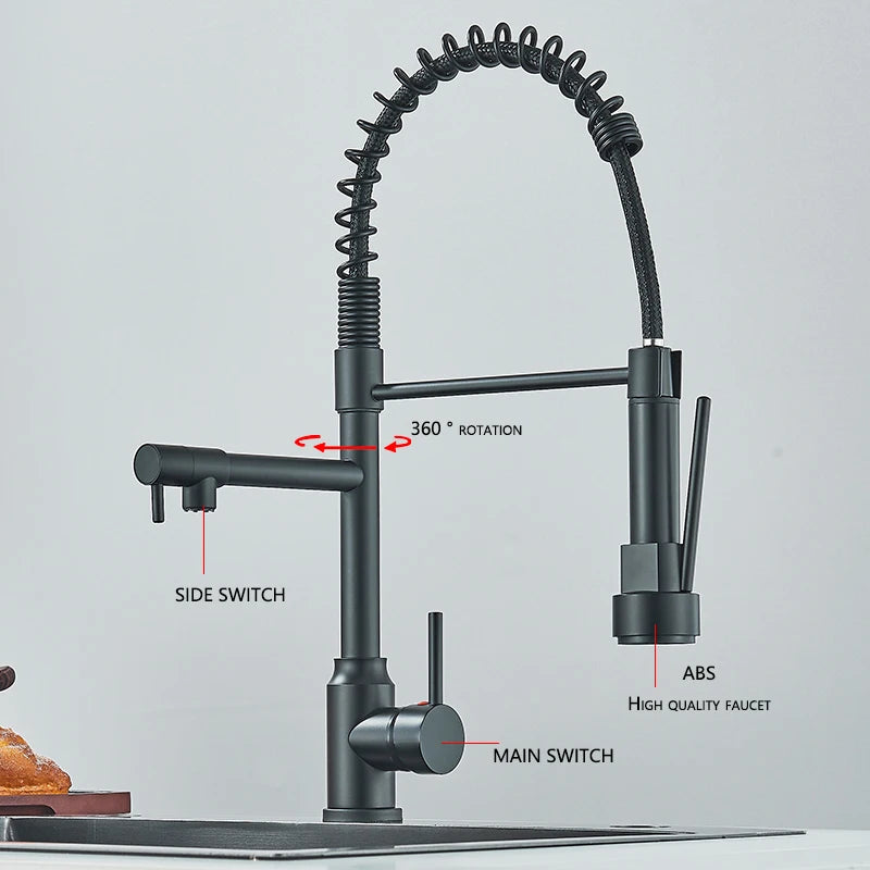 Kitchen Pull Down Dual Spout 360 Rotation Deck Mounted Faucet