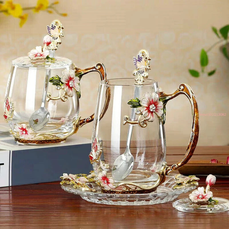 Enameled Glass Cup Decorated with Flowers and Tea Spoons