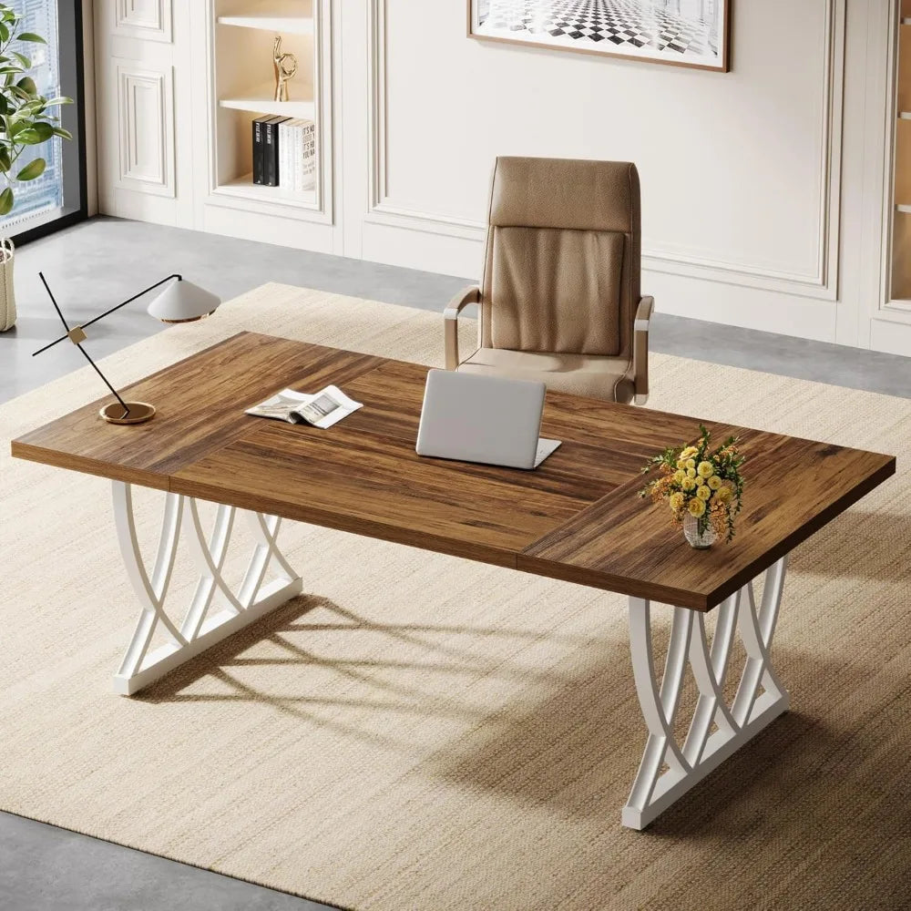 Office Thick Metal Frame Wood Rectangle Study Desk