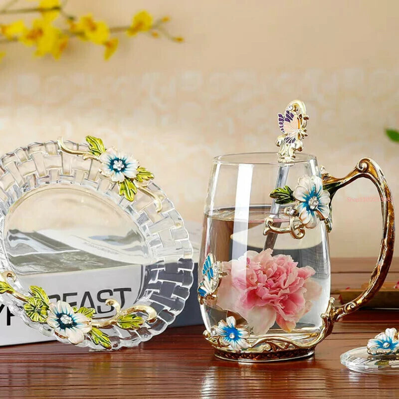 Enameled Glass Cup Decorated with Flowers and Tea Spoons