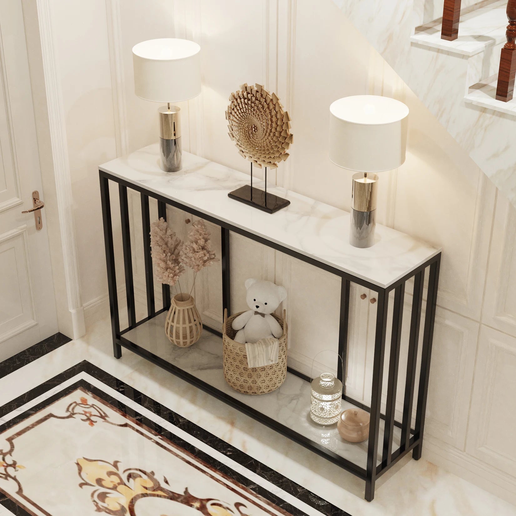2 Tier Marble Entryway Console Open Shelf Table