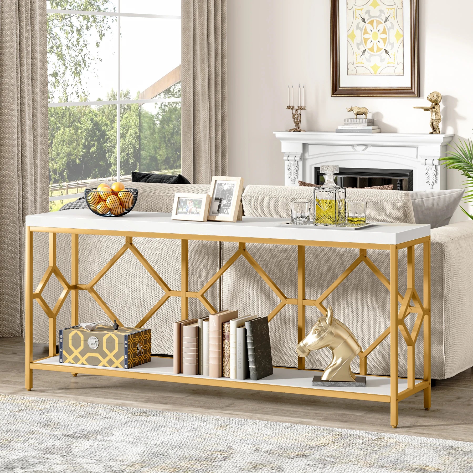 2 Tier Console Storage Open Shelves Behind Couch Table