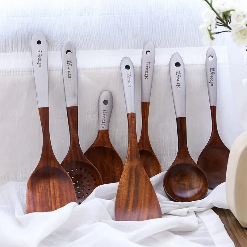 Wooden Cooking Utensils Set with Non-Stick Handle