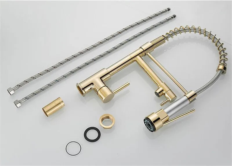 Dual Spout Handles Pull Down Deck Mounted Kitchen Sink Faucet