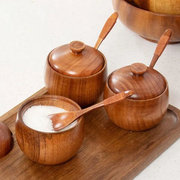 Wooden Container With Lid and Spoon For Seasonings.