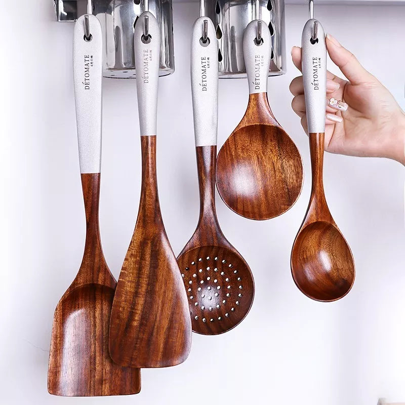 Wooden Cooking Utensils Set with Non-Stick Handle