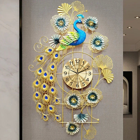 Gold Peacock Wall Clocks Luxury Movement Mechanism