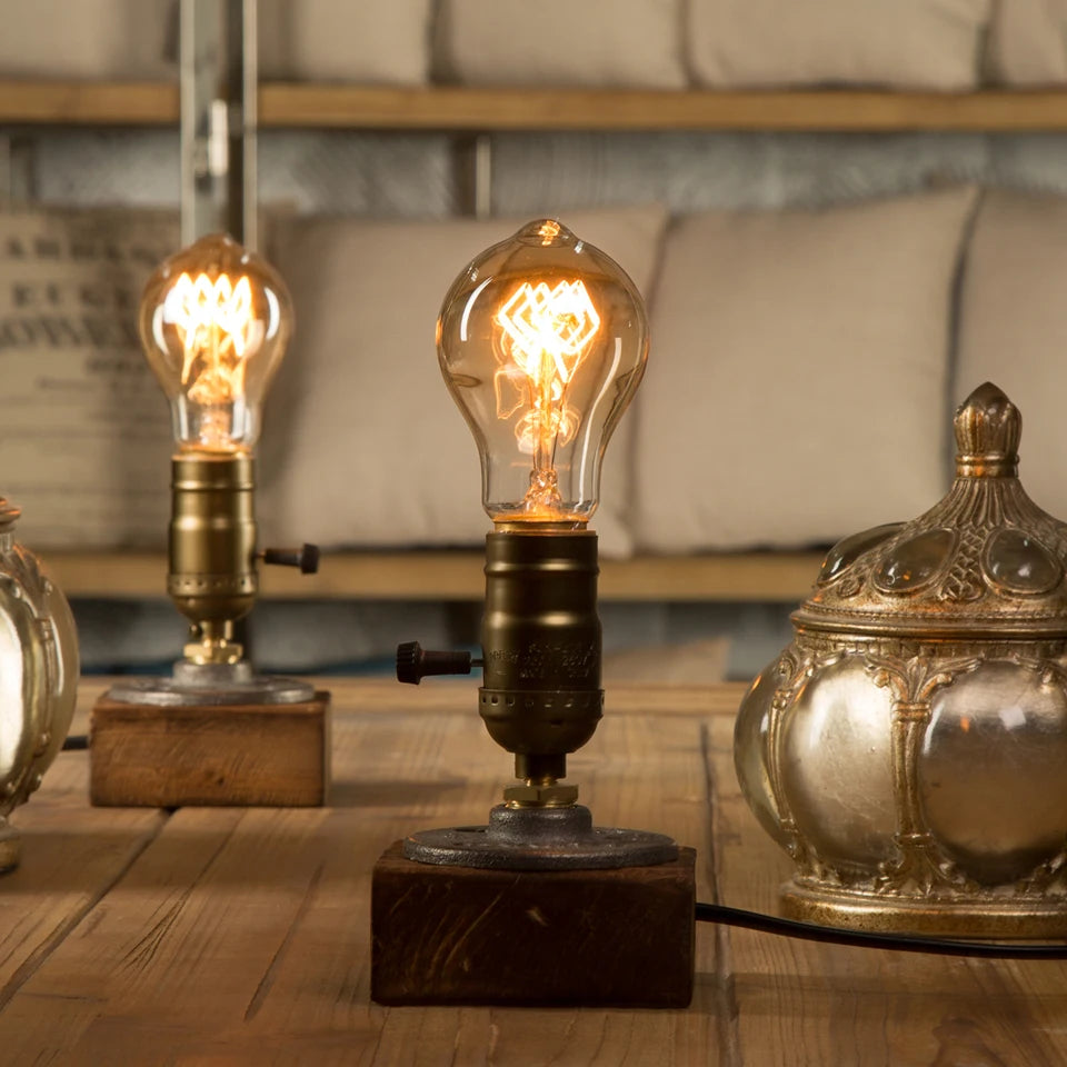 Industrial LED With Switch Wood Base Desk Lamp