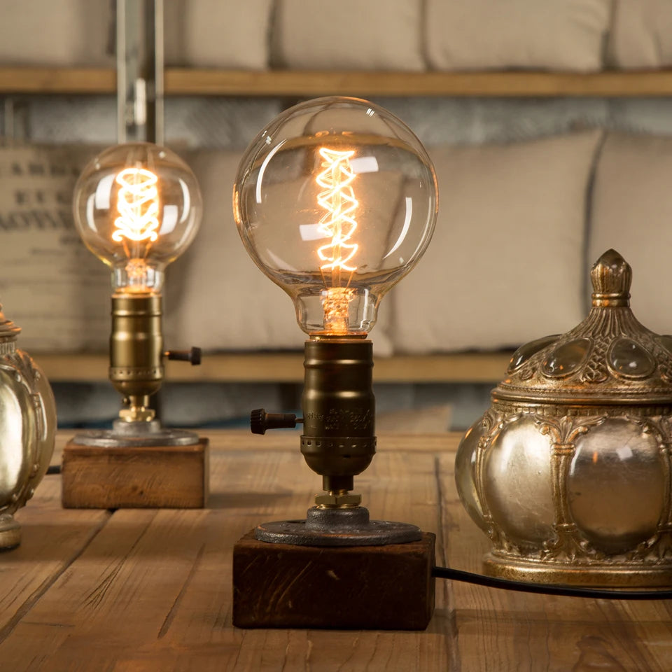 Industrial LED With Switch Wood Base Desk Lamp