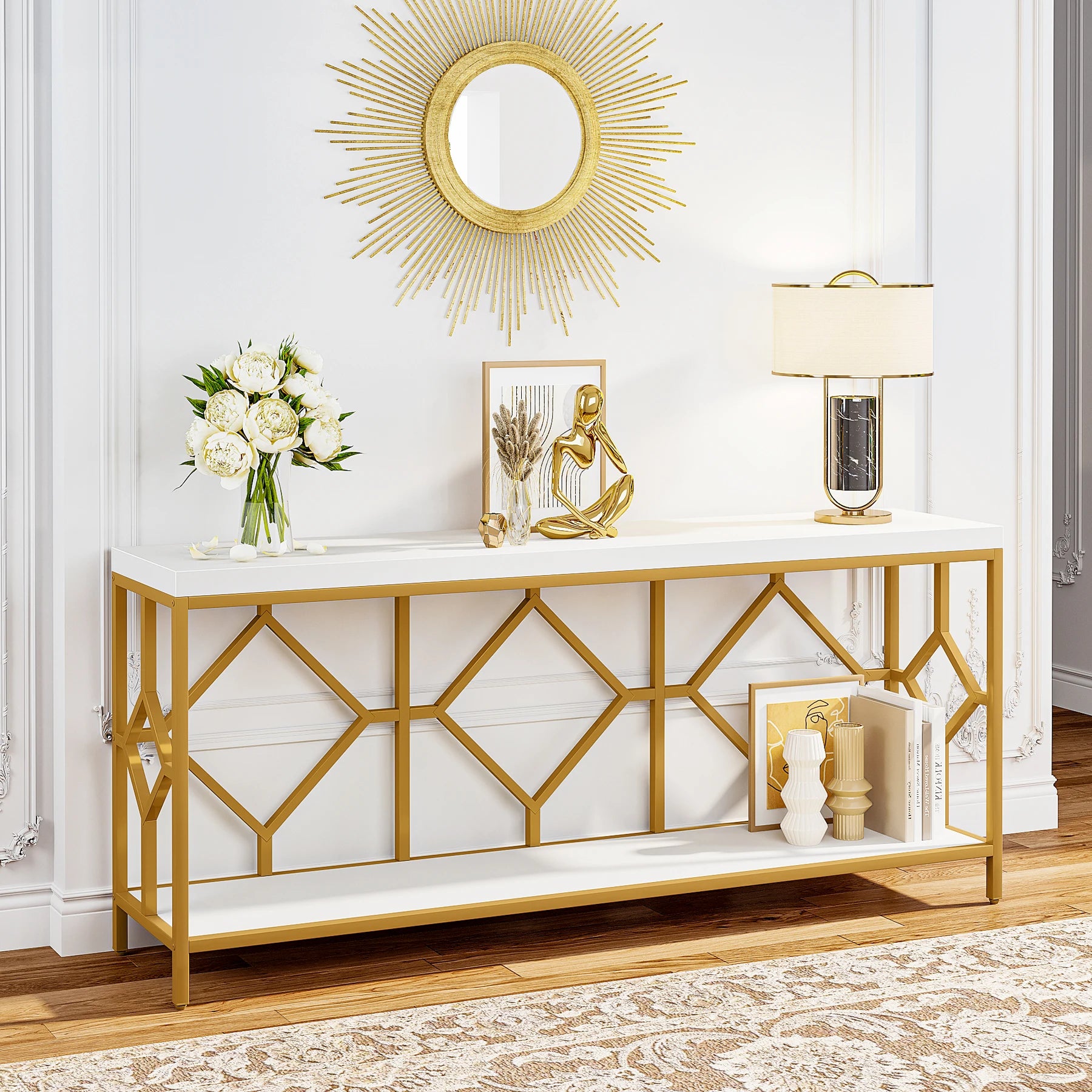 2 Tier Console Storage Open Shelves Behind Couch Table