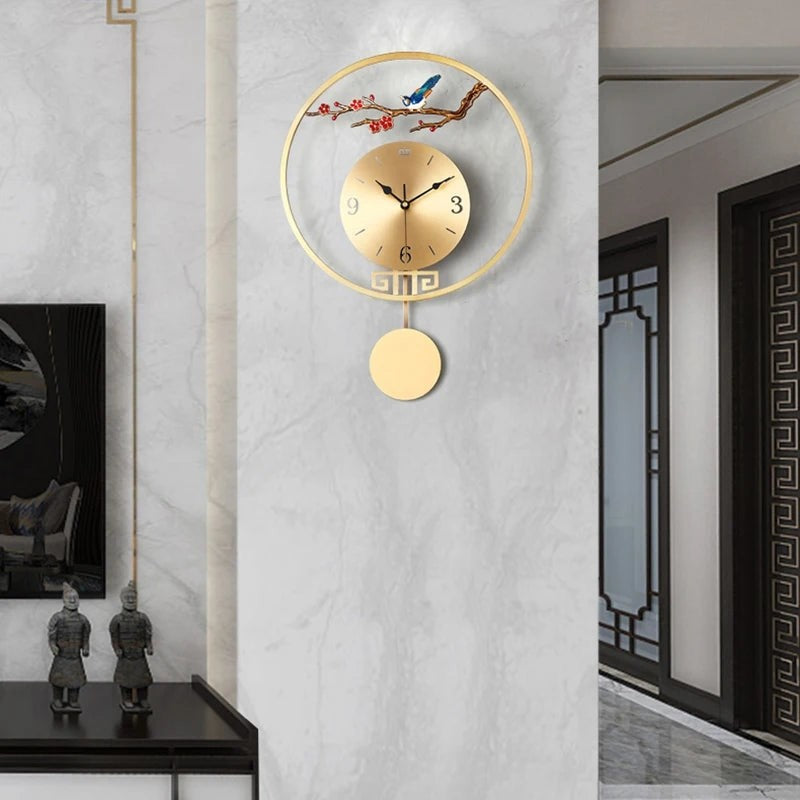 Wall Clock with Pendulum Golden Metal Bird Decoration