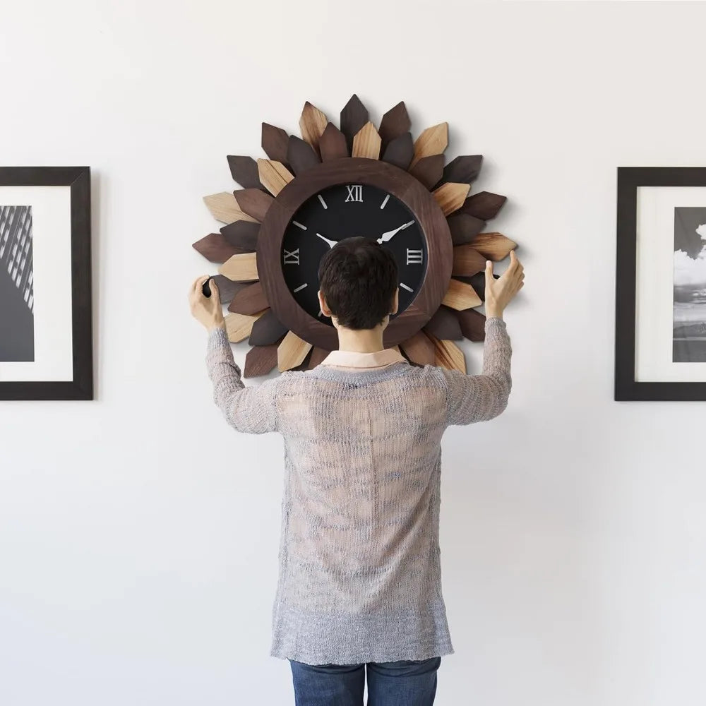 Circular Flower Sun Battery Powered Farmhouse Wood Wall Clock