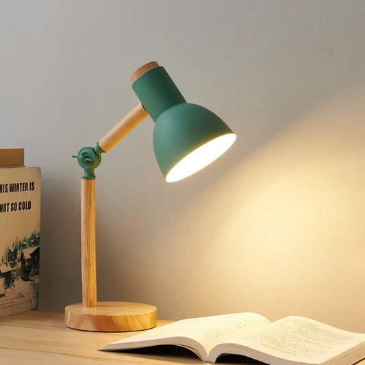Wooden LED Turn Head Bedside Desk Reading Study Lamp