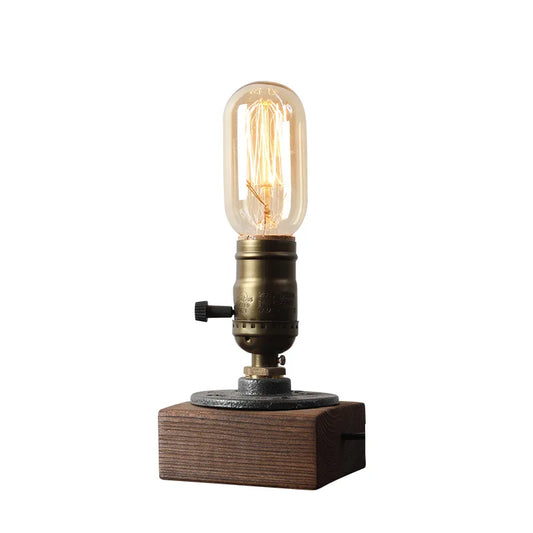 Industrial LED With Switch Wood Base Desk Lamp