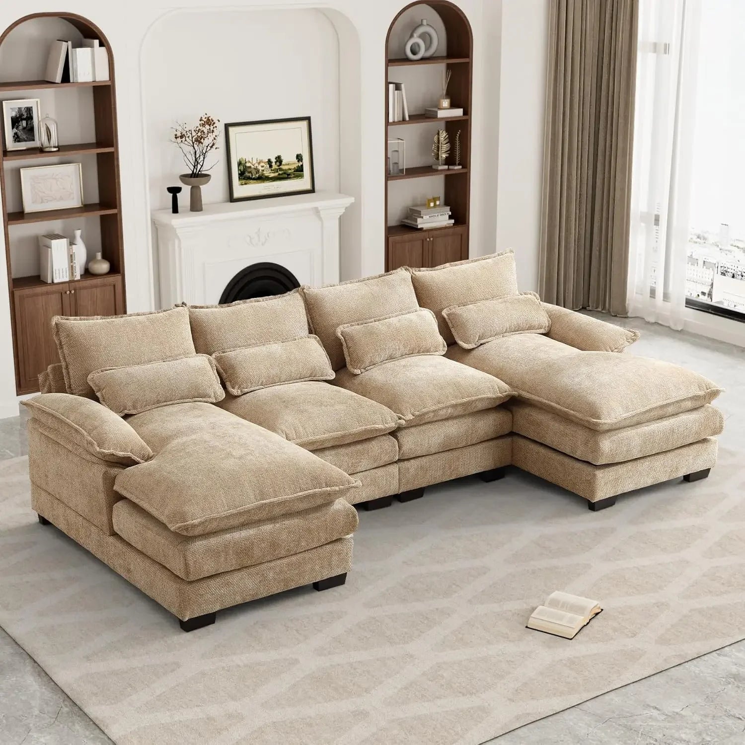 Chenille U Shape Modular Double Chaise Sectional Sofa