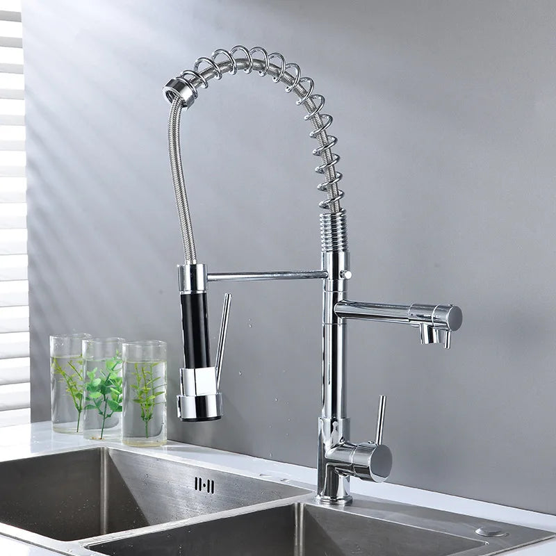 Dual Spout Handles Pull Down Deck Mounted Kitchen Sink Faucet